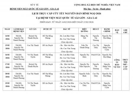 Lịch trực cấp cứu Tết Nguyên Đán Bính Ngọ 2026 tại Bệnh viện Mắt Quốc Tế Sài Gòn - Gia Lai